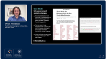 A presentation slide shows a man in a video inset, a case study summary and a newspaper clipping. The case study discusses US government website language changes.