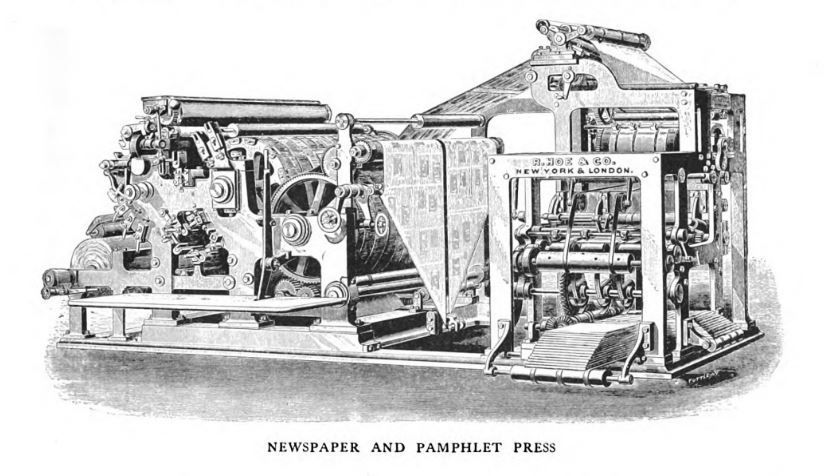 A black and white drawing of a newspaper and pamphlet press