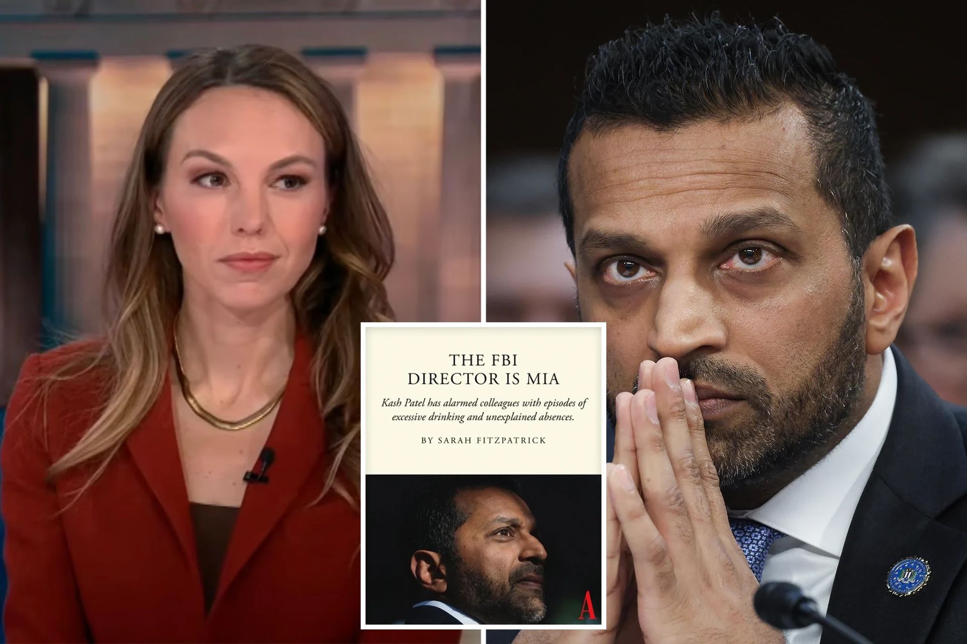 Two people in a news-style collage, one woman in red and a man with hands clasped; book cover inset.