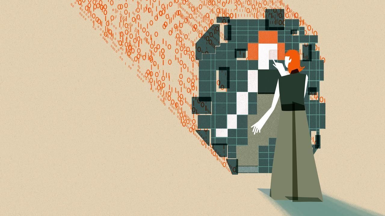 Woman with red hair touches a pixelated structure, orange code flowing behind.