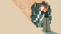 Woman with red hair touches a pixelated structure, orange code flowing behind.