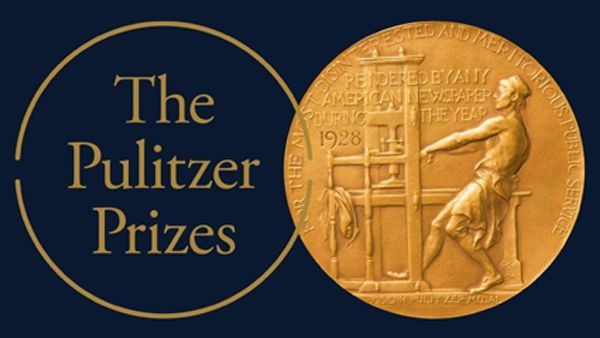 Logo for The Pulitzer Prizes: A gold medal featuring a man pulling a printing press lever.