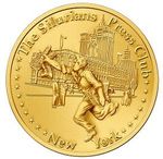 Gold coin: A running figure carries another, with a building in the background.