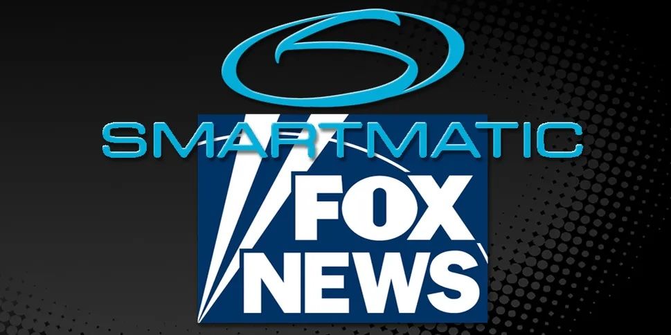 Smartmatic logo over Fox News logo. Turquoise and white on a dark background.