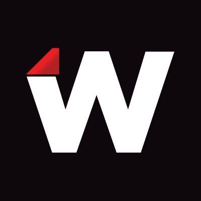 logo for TheWrap  white letter w with a red arrow on a black background.