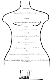 Line drawing of a woman's torso with handwritten messages, including a signature from Donald J. Trump.