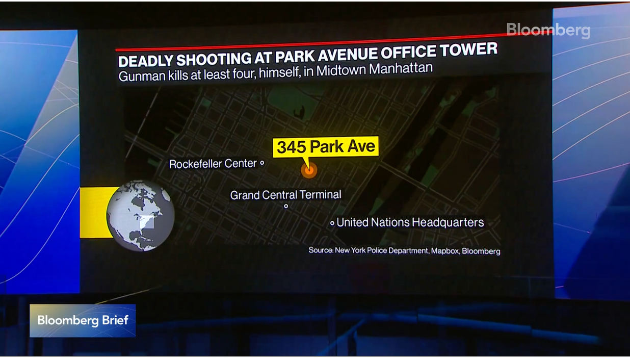 Bloomberg news screen showing a deadly Park Avenue office tower shooting map and headline