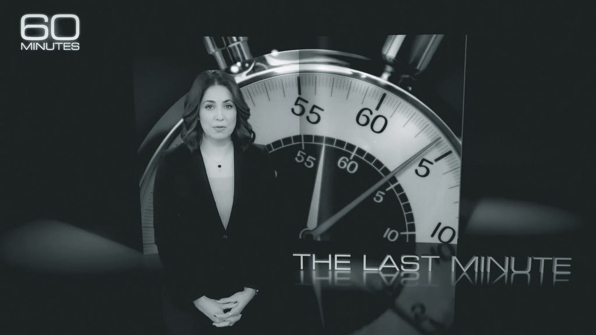 Woman standing before stopwatch graphic with “60 Minutes” and “The Last Minute” text
