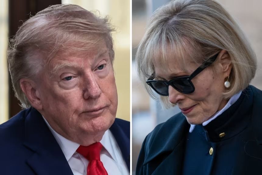 Side-by-side portraits of Donald Trump in a red tie and a woman in sunglasses and a dark coat