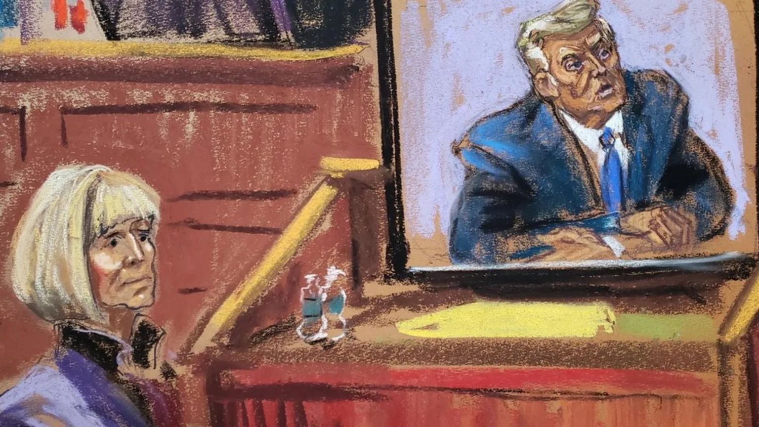 Courtroom sketch of a woman facing a screen displaying Donald Trump.
