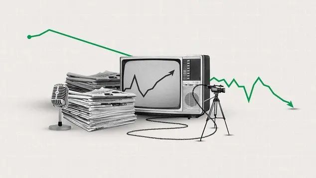 Pile of newspapers, microphone, vintage TV with graph, and camera; declining green graph line.