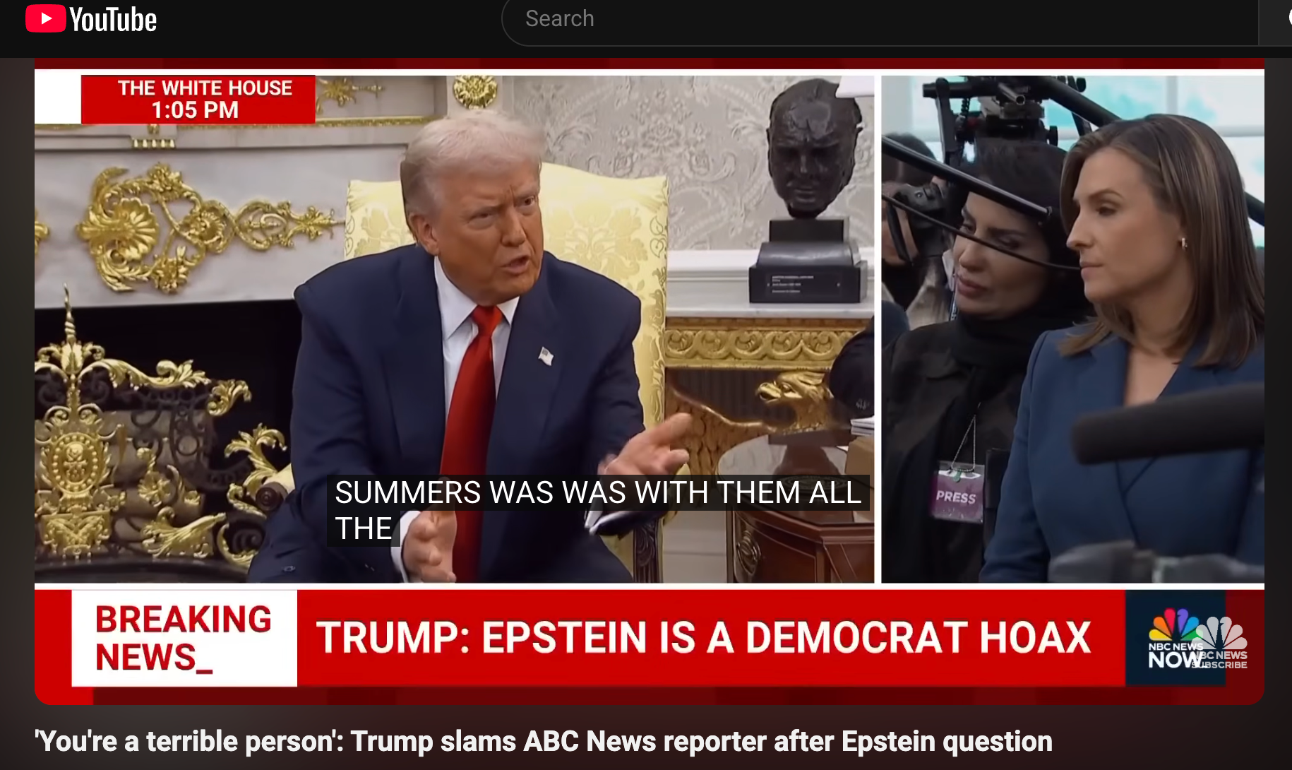 Trump at The White House. News report graphic states "Epstein is a Democrat hoax". A reporter is present.