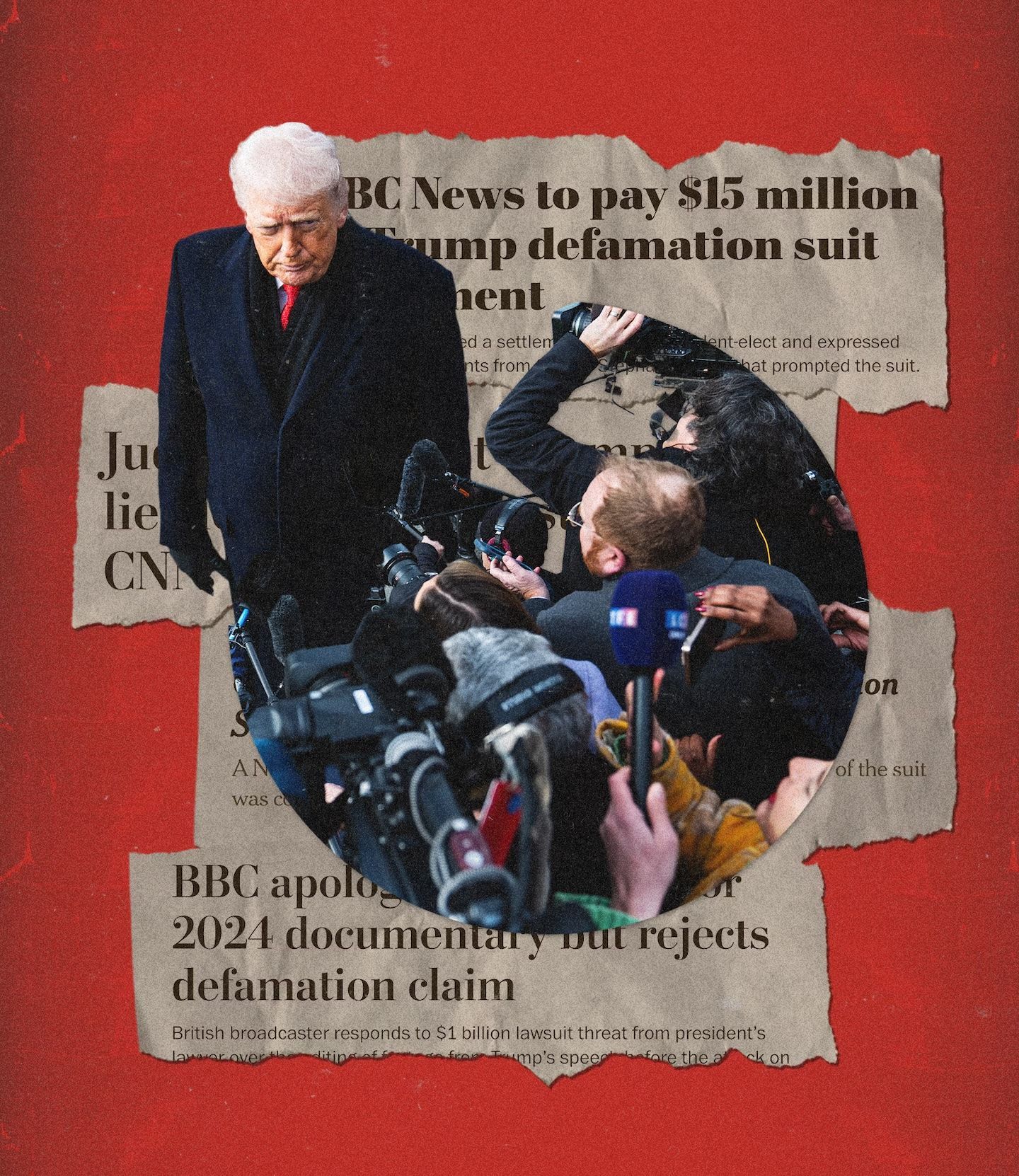 A man in a suit stands over a crowd of reporters, with newspaper headlines related to BBC and defamation claims.