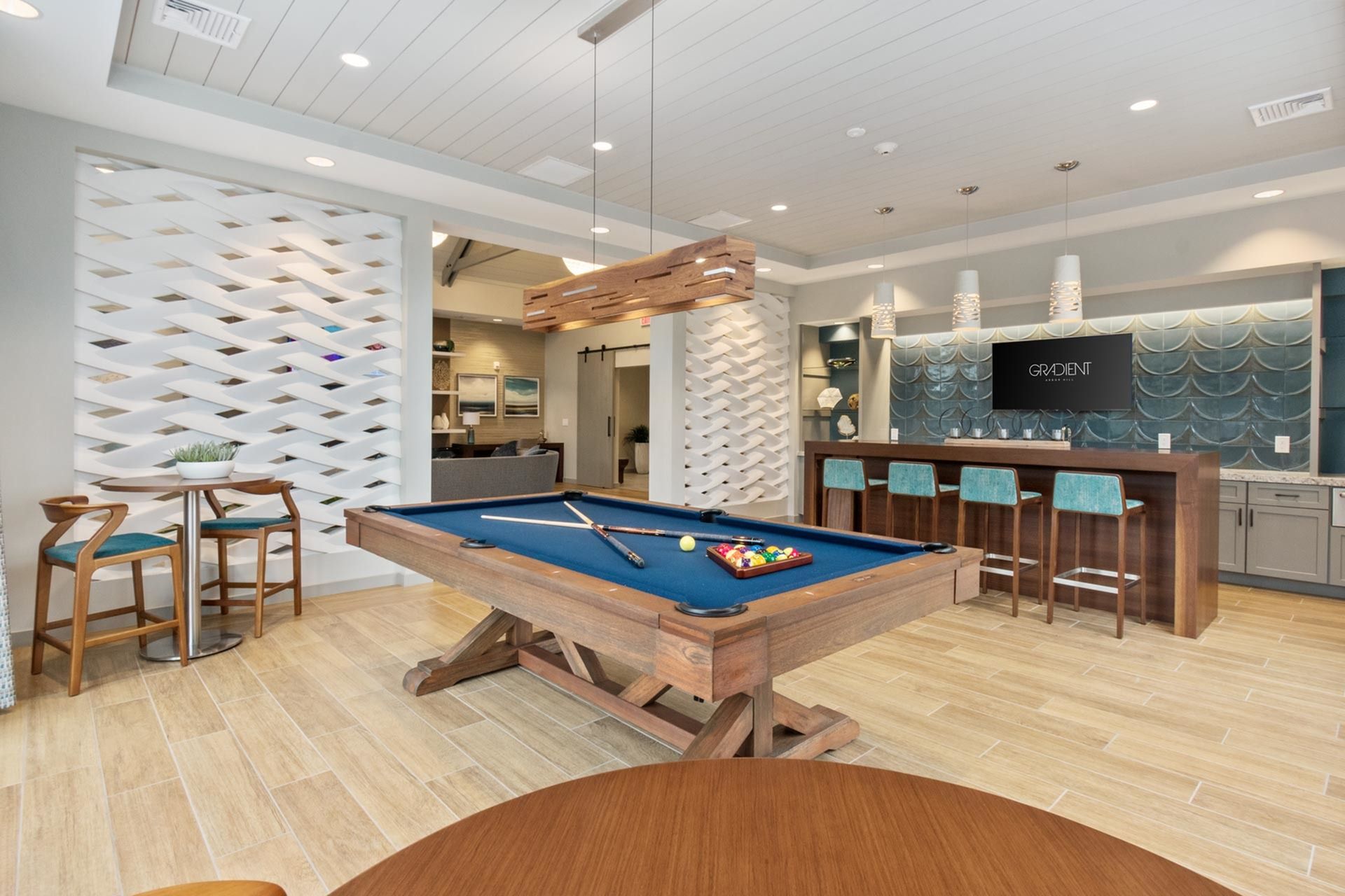 Gradient clubhouse with billiard table.