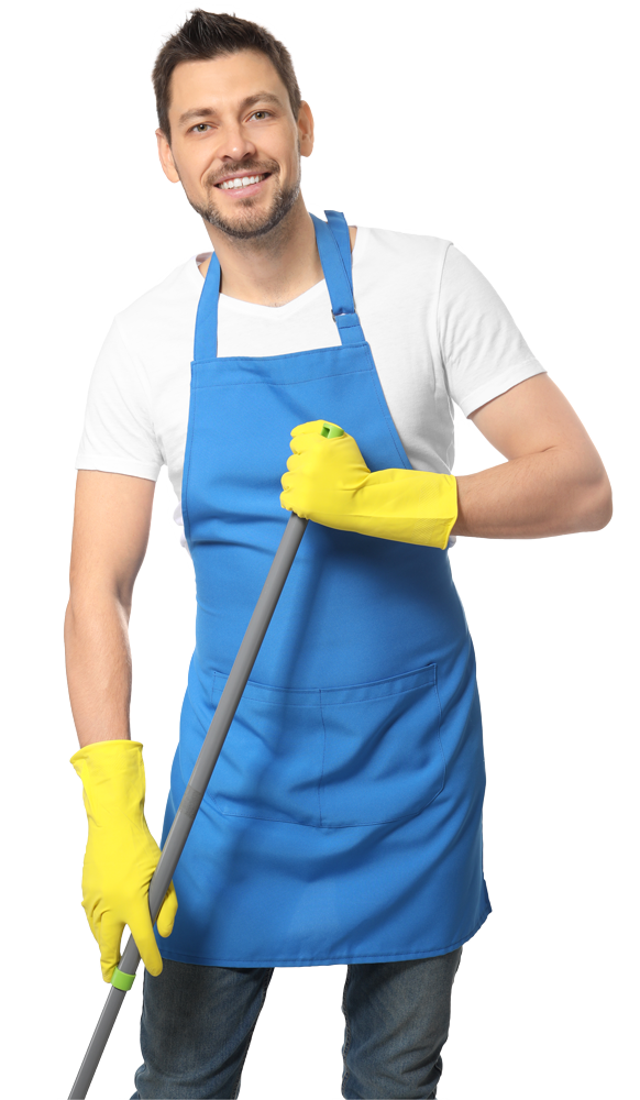 A man in a blue apron and yellow gloves is holding a mop.