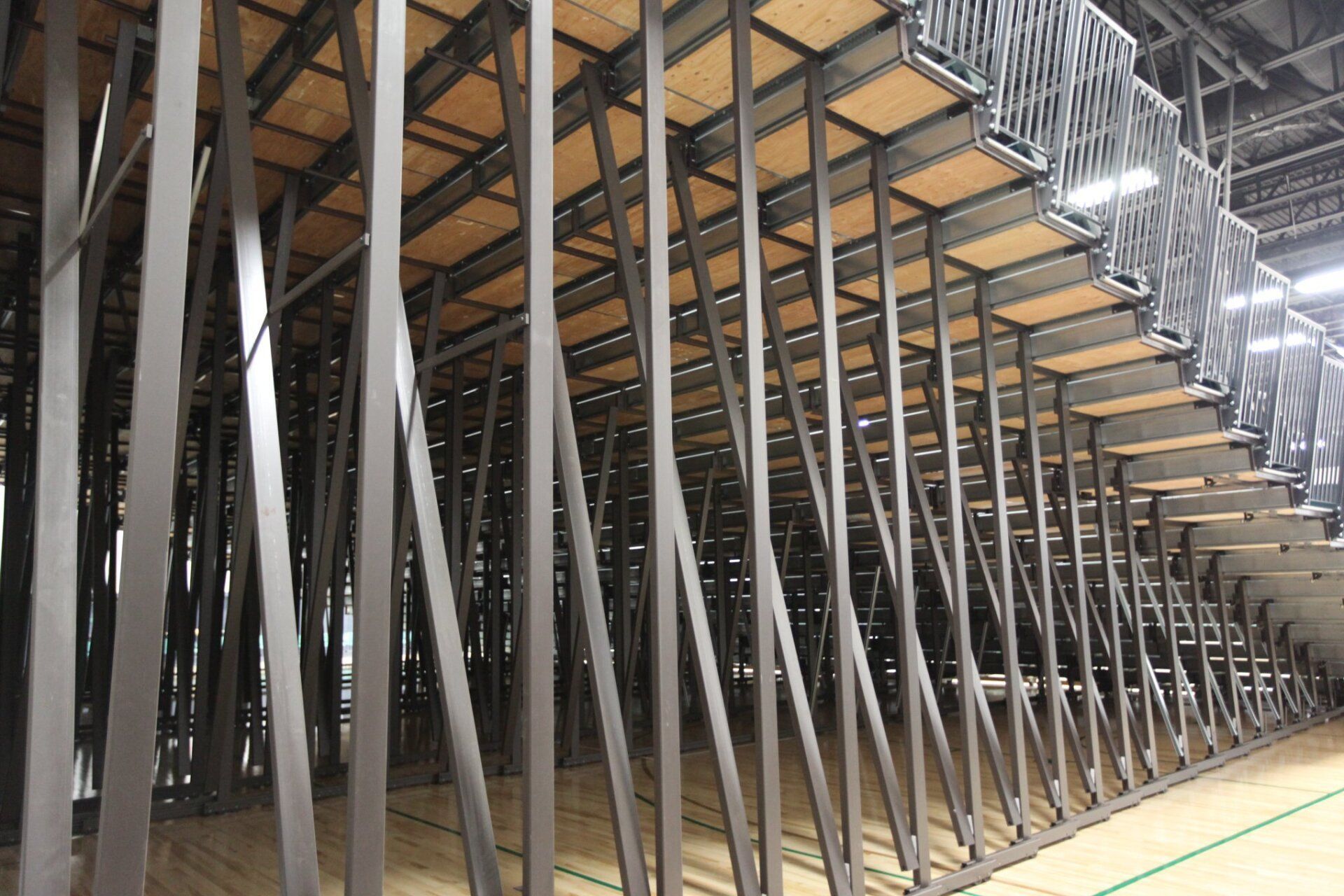 The understructure of Lawrence Central High School, showcasing the vertical horses and supports of the telescopic system.