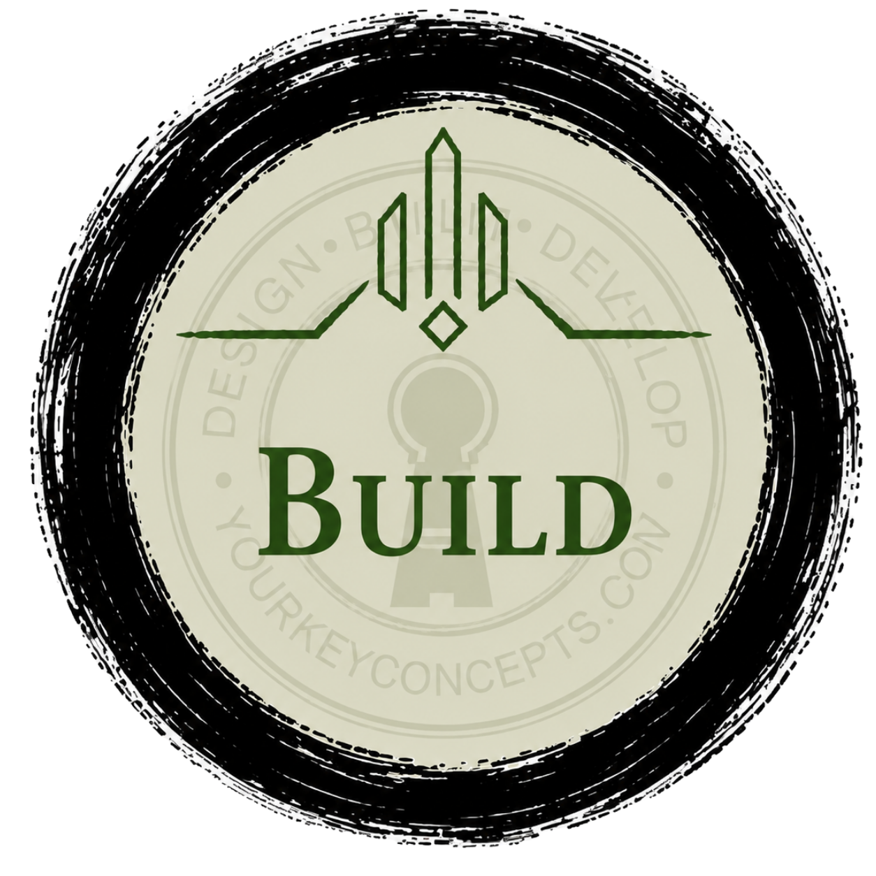 Circular black logo with green “BUILD” text and a stylized skyscraper icon at the top.