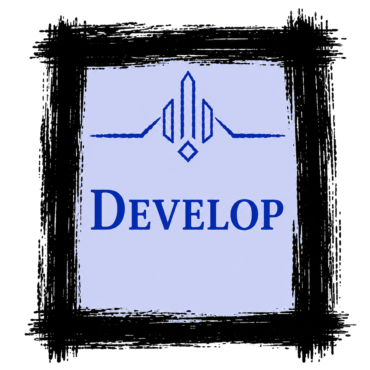 Blue DEVELOP logo centered in a rough black square border on a light background