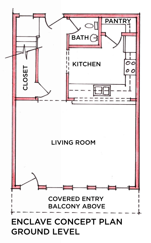A floor plan of a house with a covered entry balcony above
