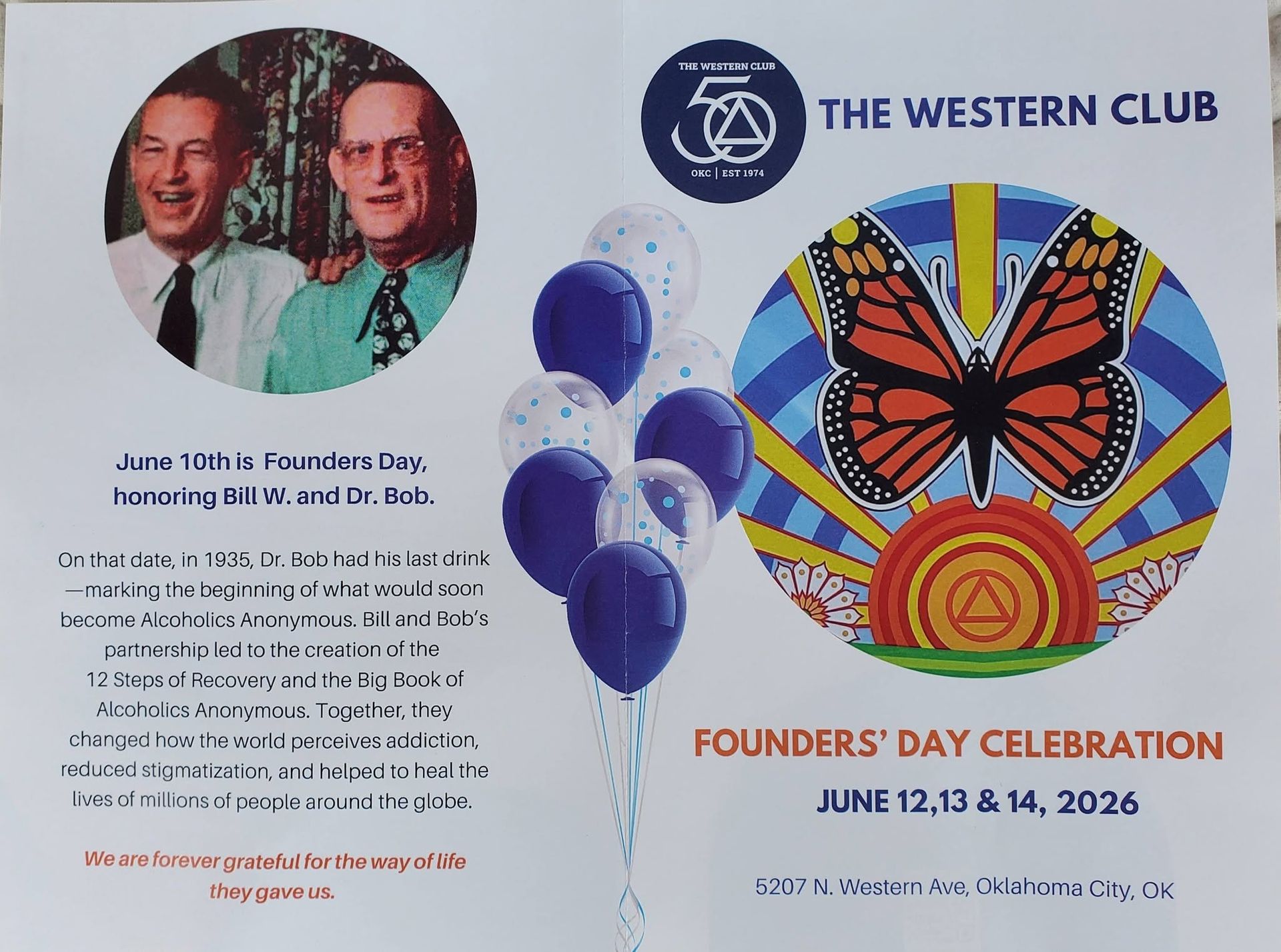 Founders’ Day Weekend flyer with two portrait photos and event dates on a blue-white-orange background