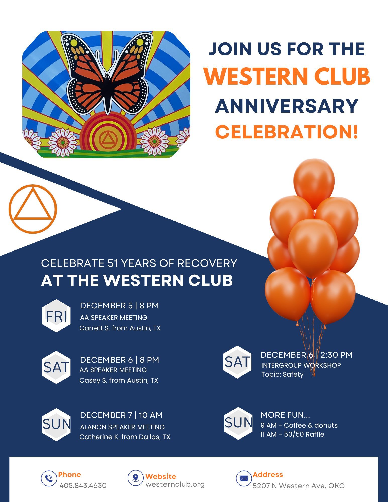 Anniversary celebration flyer. Butterfly art, balloons, and event details on a blue background. Western Club event.