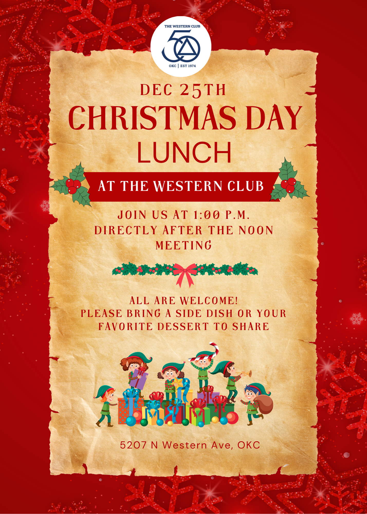 Christmas Day Lunch invitation at The Western Club. Brown paper with festive red background.