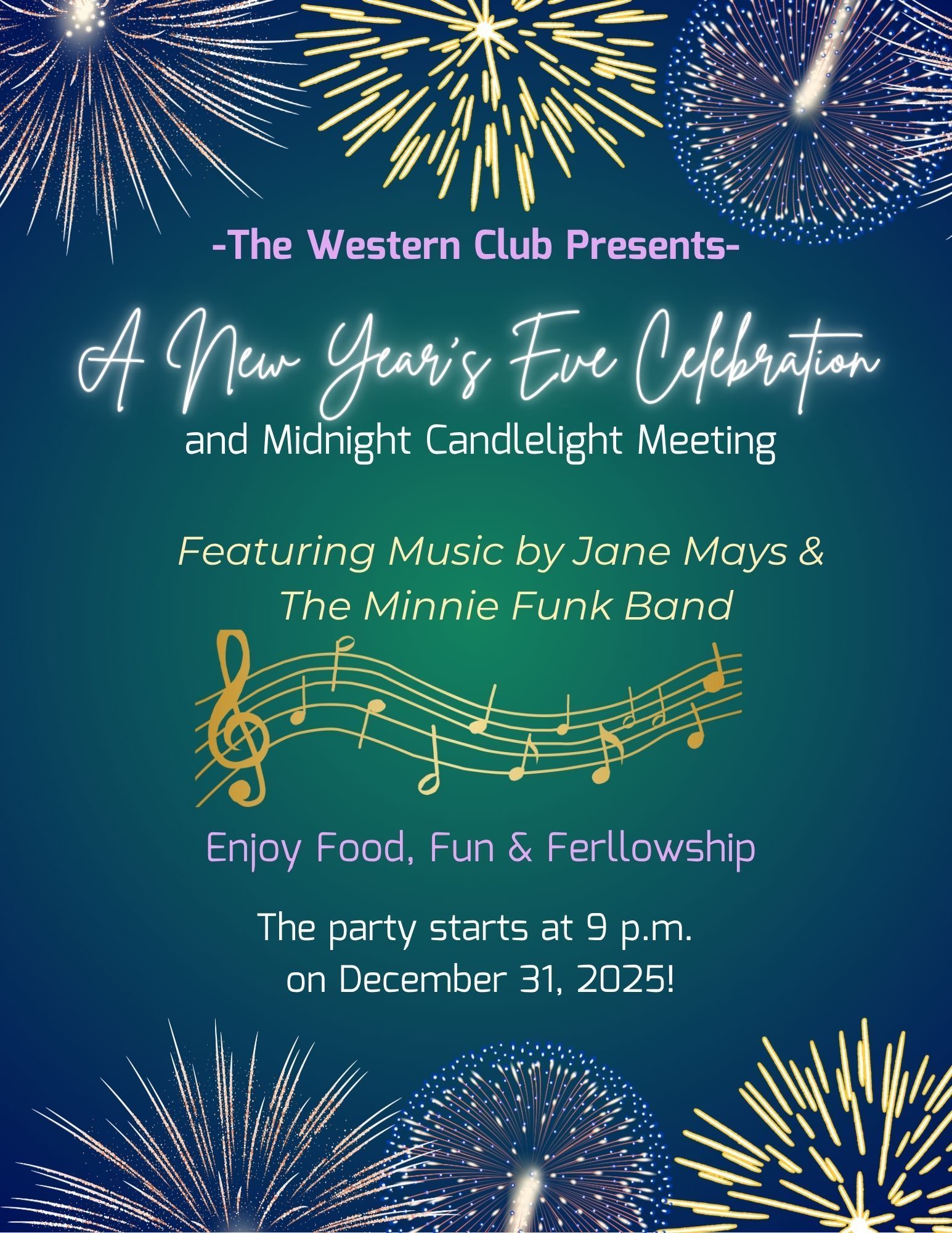 New Year's Eve event flyer. Features fireworks, music notes, and text:
