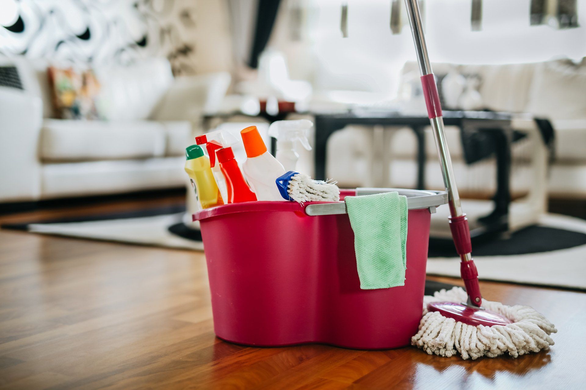 A mop and bucket of cleaning supplies are on the floor in a living room.