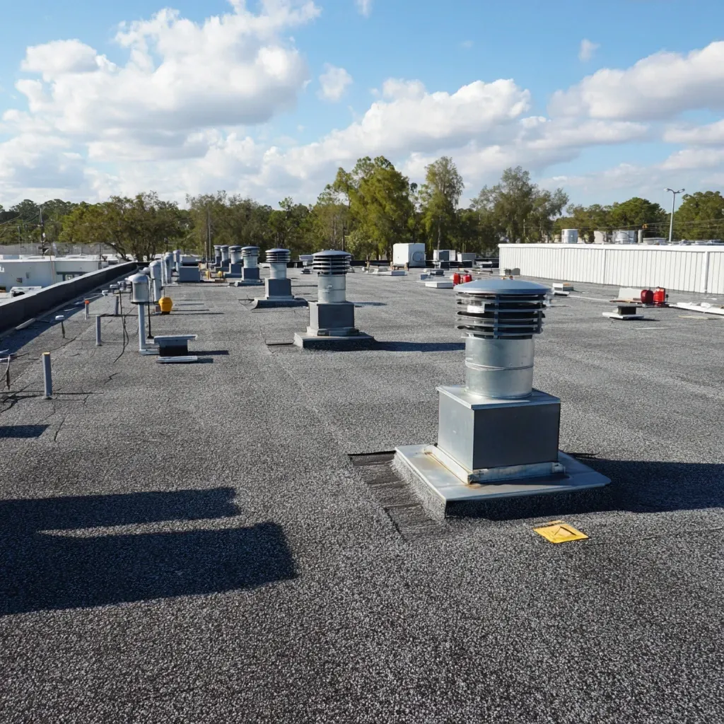 Upgrade to new flat roofing Riverview FL with reflective white membrane, Class A fire rating, and ponding water prevention.