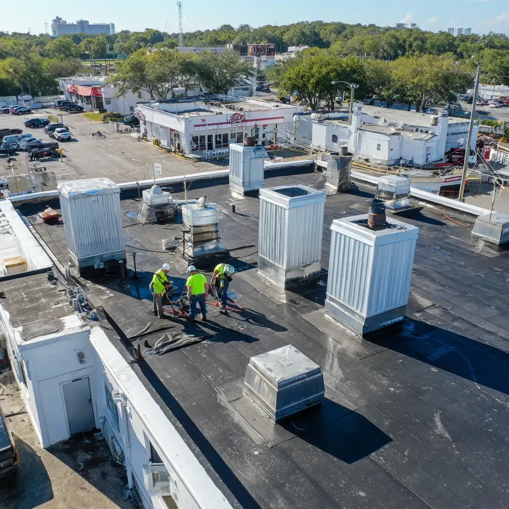 Flat roof ventilation, edge flashing, roof curbs, and walkways included with all flat roofing Riverview FL installs.