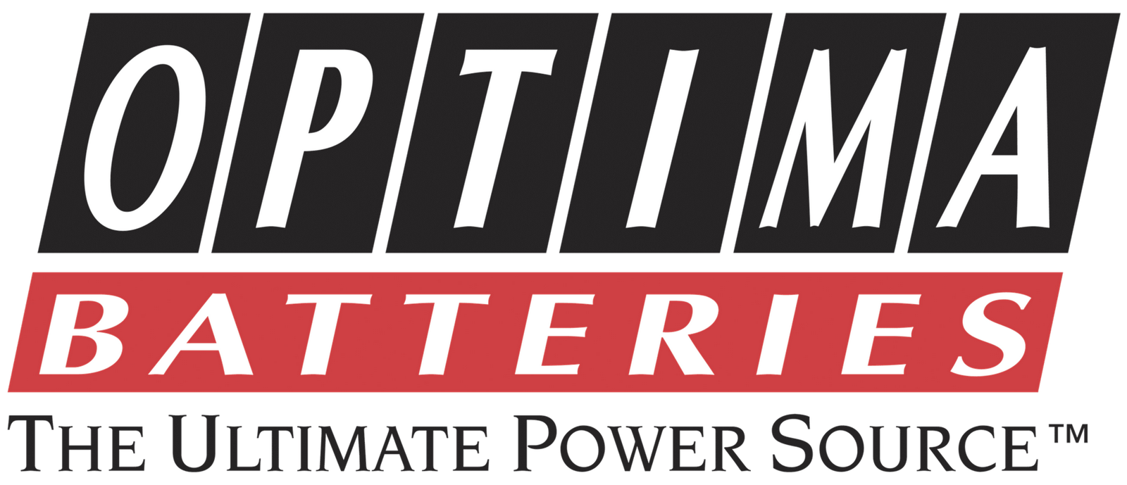 Logo Optima Batteries avec les mots « OPTIMA BATTERIES » dans un design noir et rouge et « The Ultimate Power Source » en dessous.