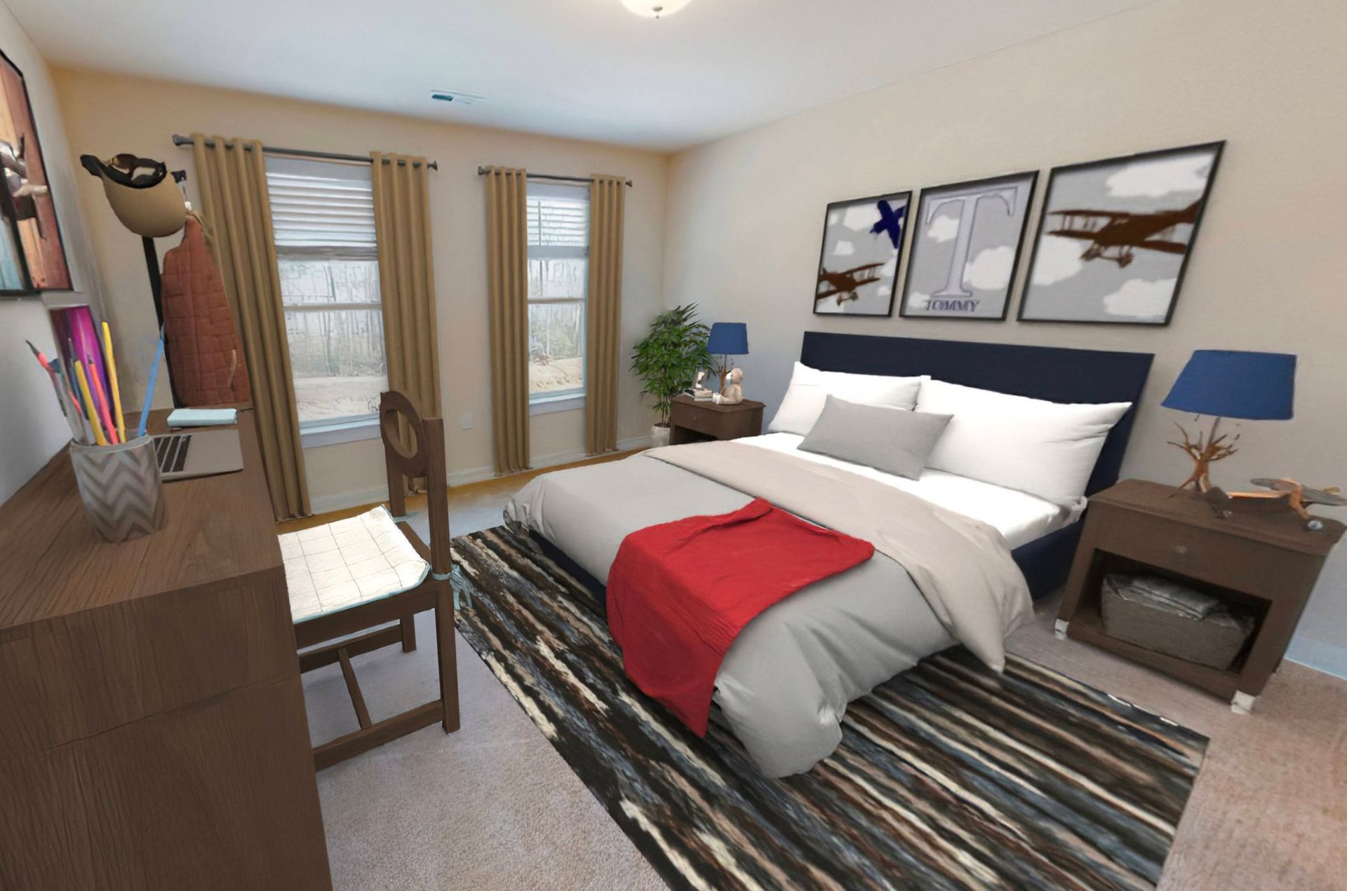 A bedroom with a large bed and a desk