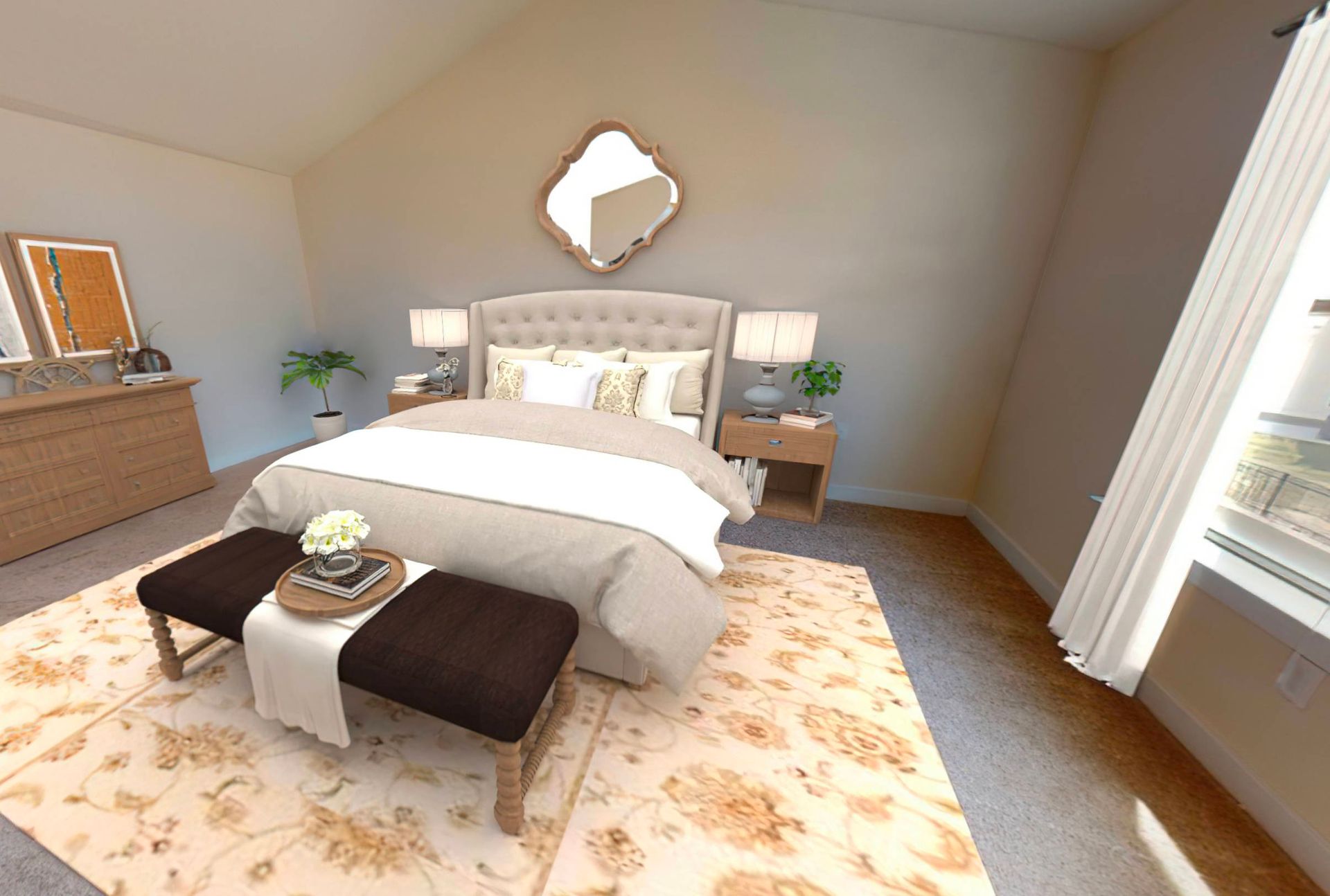 A bedroom with a bed , dresser , mirror and bench.