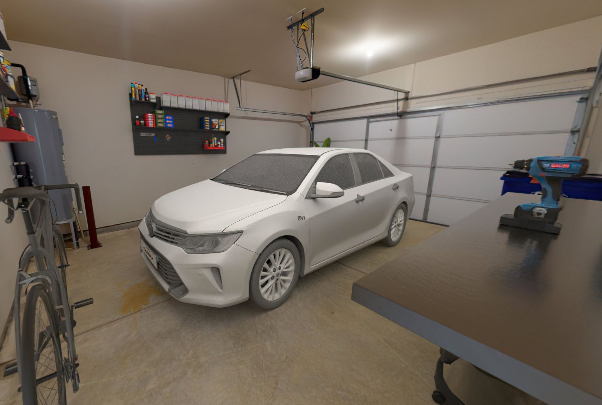 A white car is parked in a garage next to a bicycle.