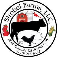 Circular logo: red barn, cow, pig, rooster, apple, corn, cardinal, silo. "Strobel Farms, LLC" and address, phone number.