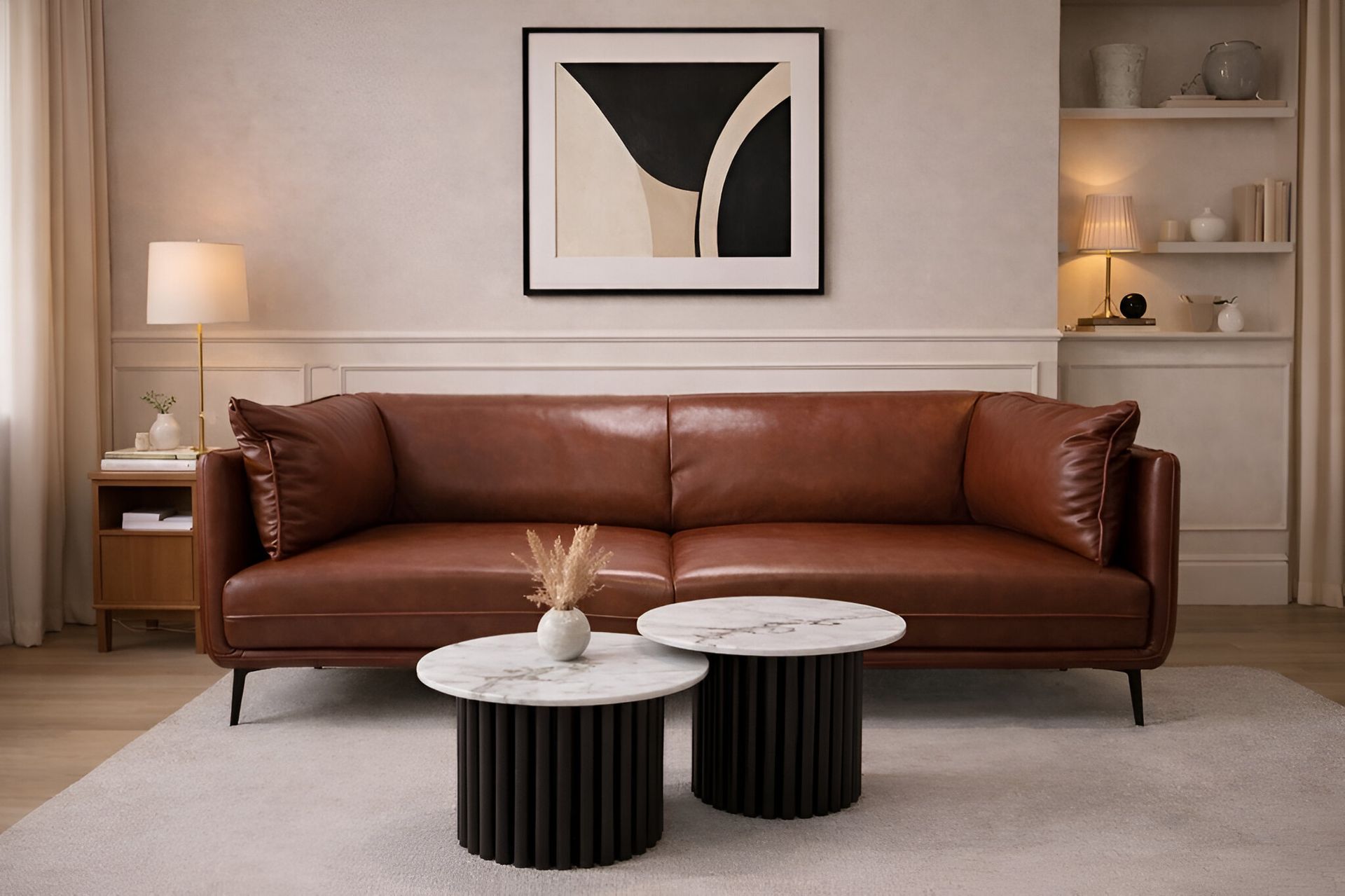 Sofá de cuero marrón en una sala de estar en tonos neutros con dos mesas de centro con cubierta de mármol. Obra de arte sobre el sofá.