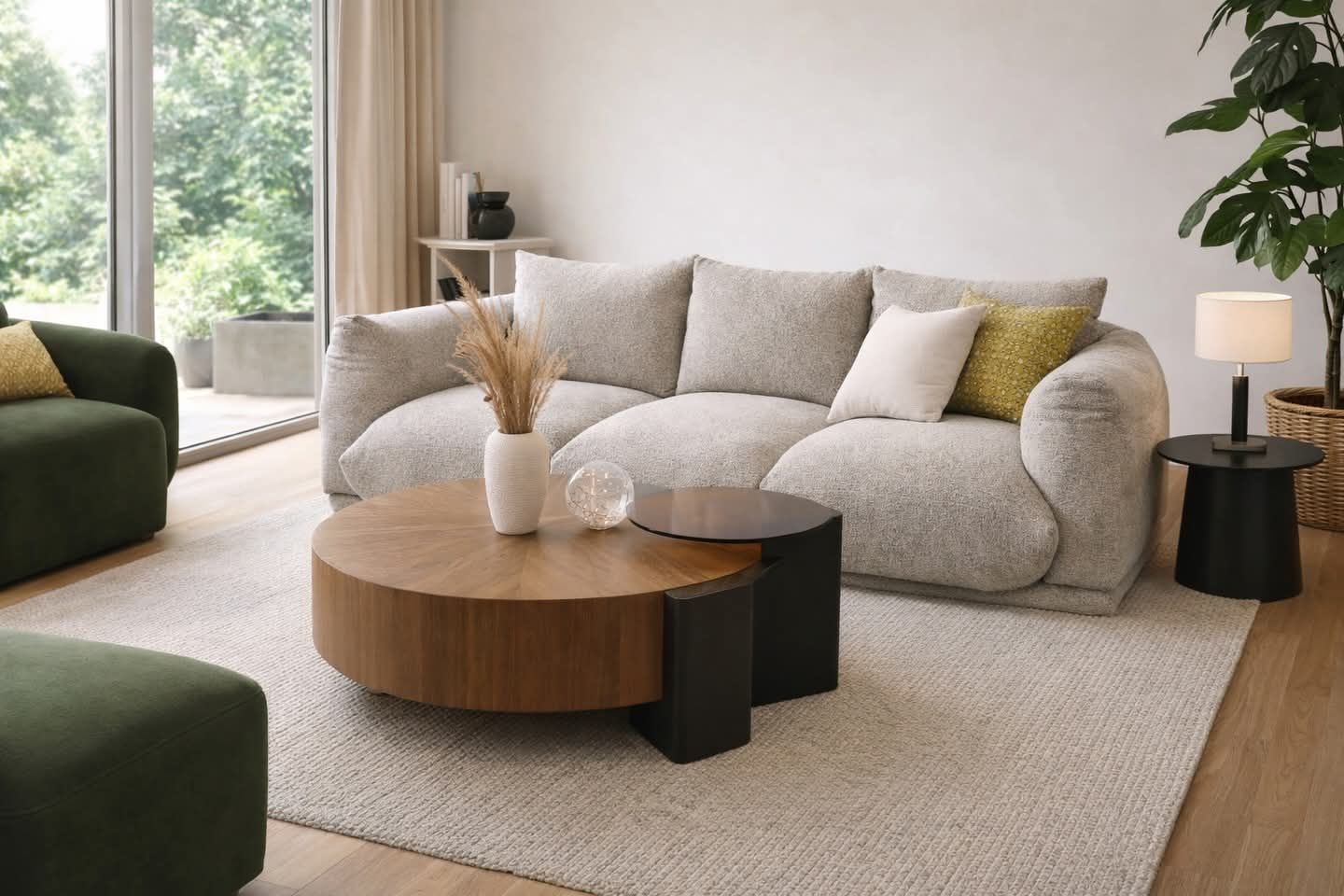 Sala de estar con un gran sofá beige texturizado, una mesa de centro redonda de madera y un sillón verde.