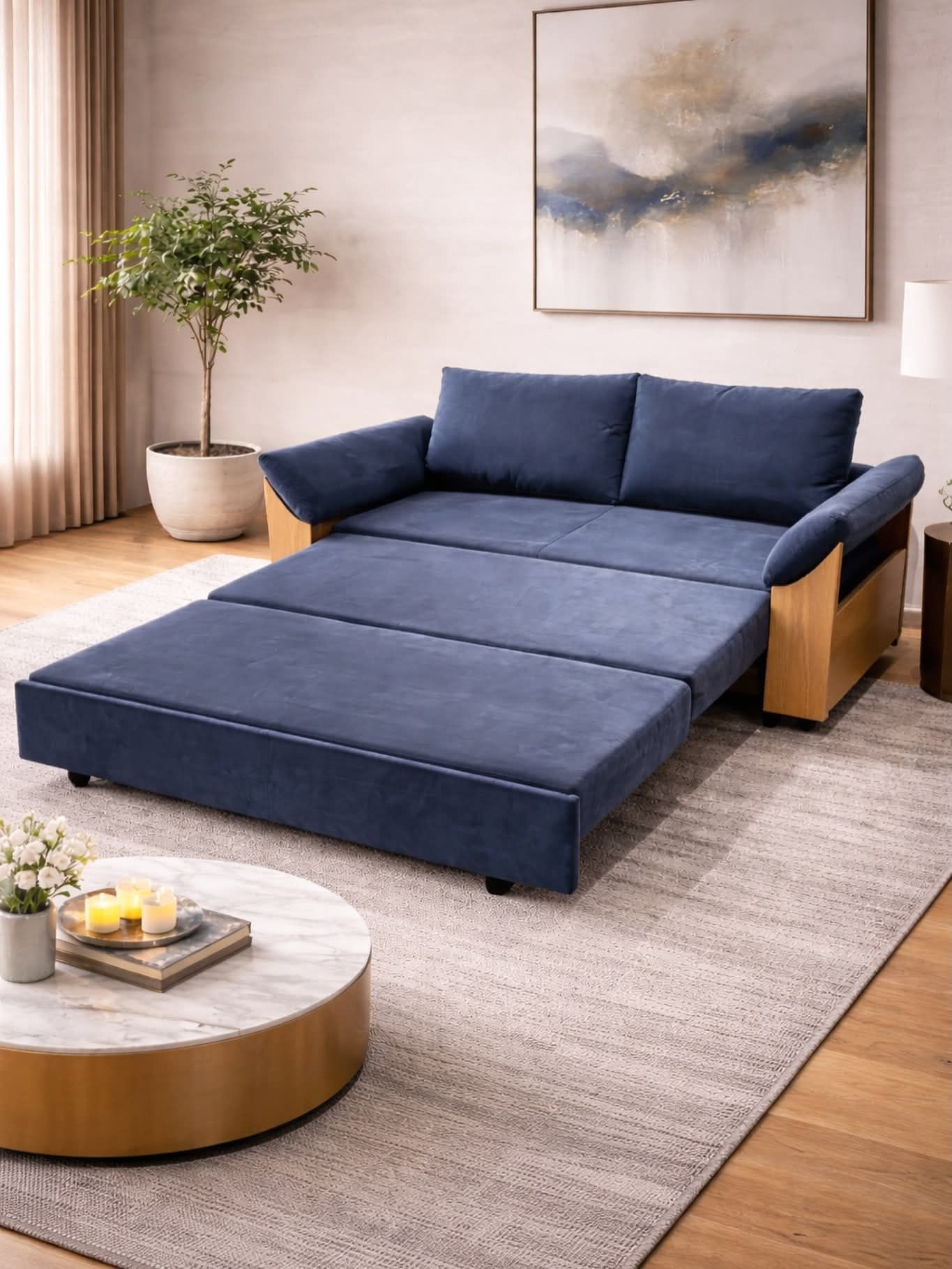 Sofá cama azul extendido en un entorno de sala de estar moderno.