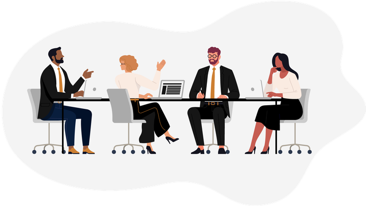 A group of people are sitting around a table having a meeting.