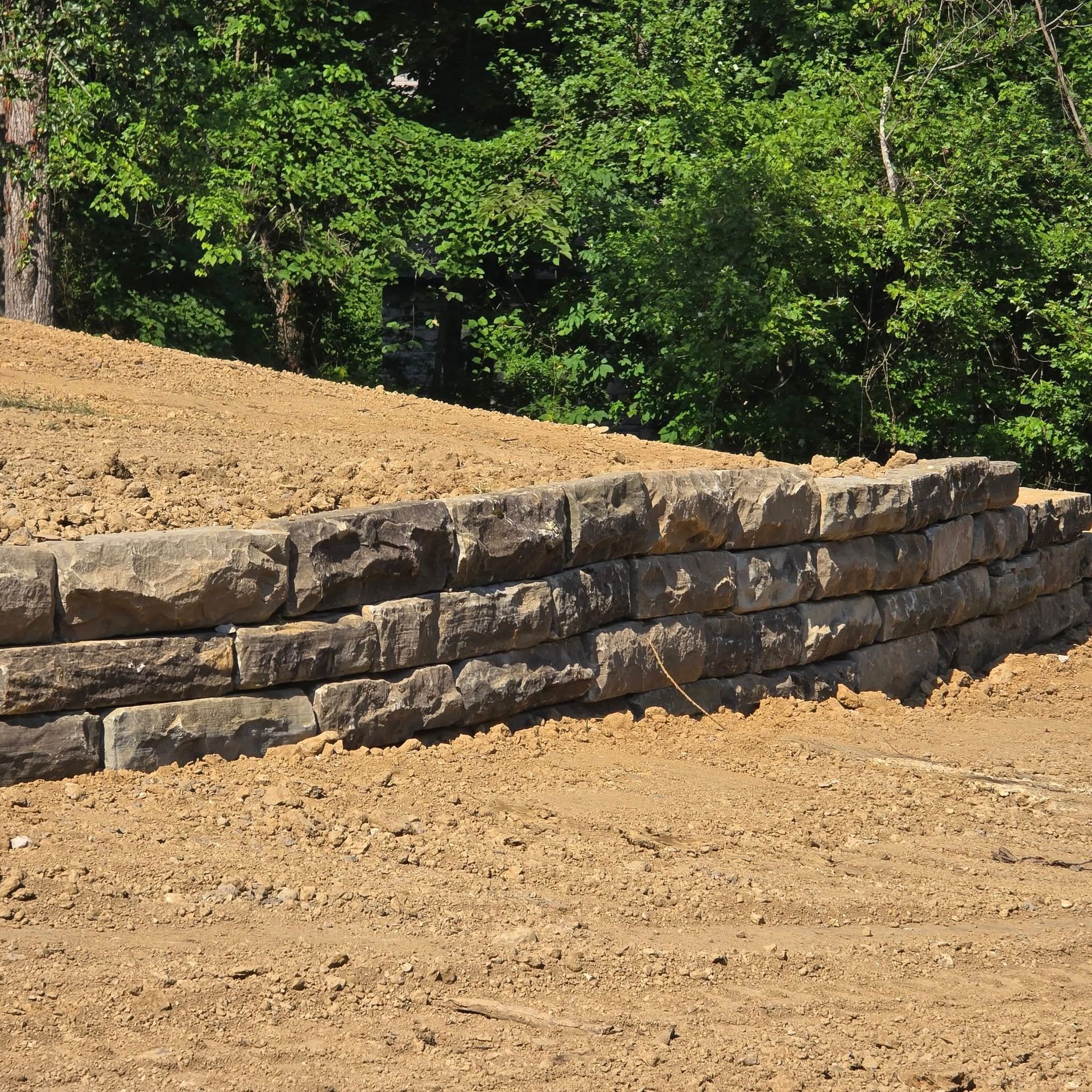 Stone retaining wall on a dirt slope, with trees in the background.