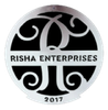 Silver and black logo for Risha Enterprises, featuring a stylized "R" and the text "Risha Enterprises 2017".