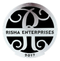 Silver and black logo for Risha Enterprises, featuring a stylized "R" and the text "Risha Enterprises 2017".