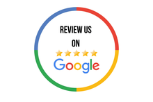 A colorful circle with the words `` review us on google '' written inside of it.