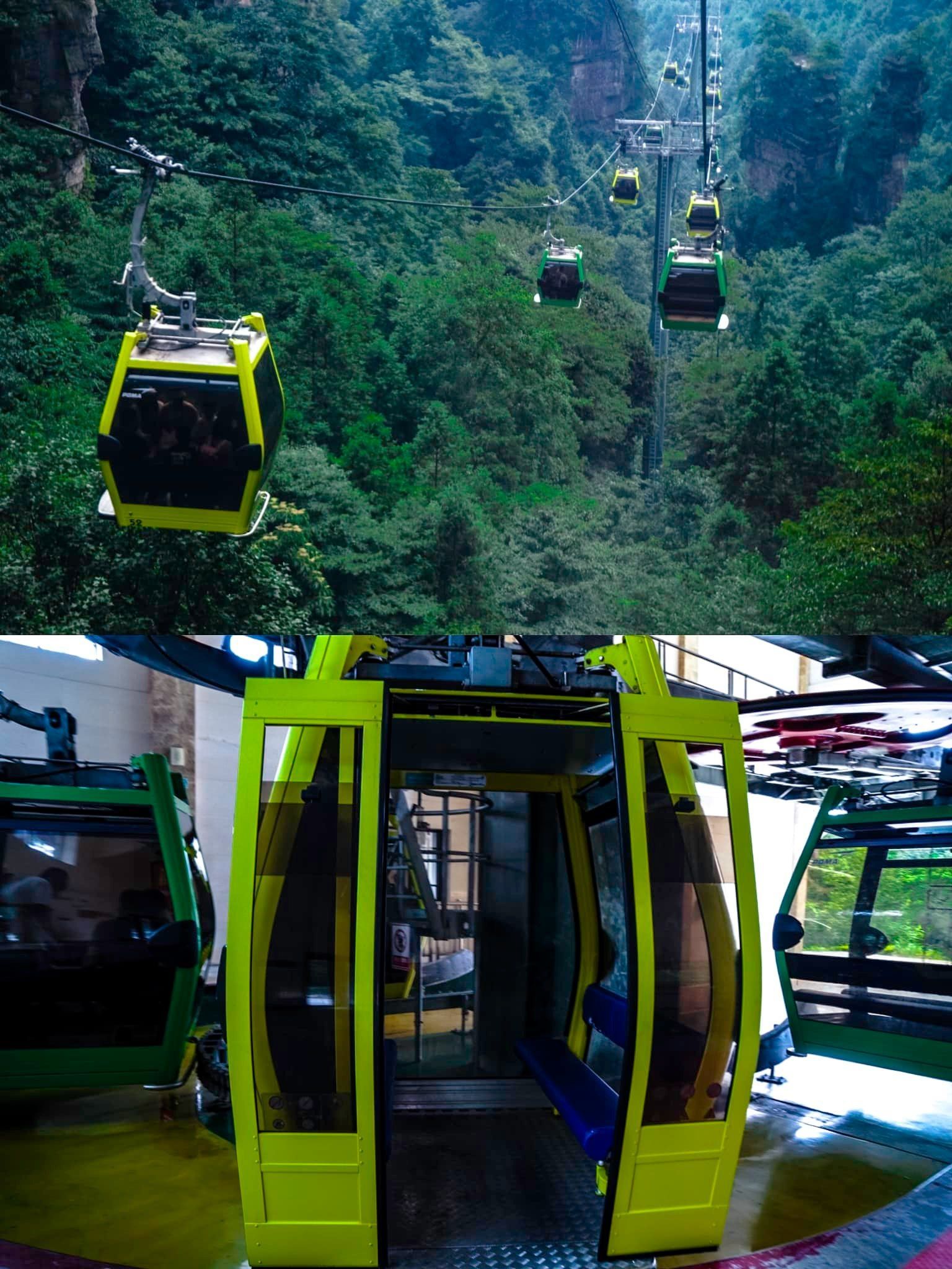 A yellow and green cable car is going up a mountain.