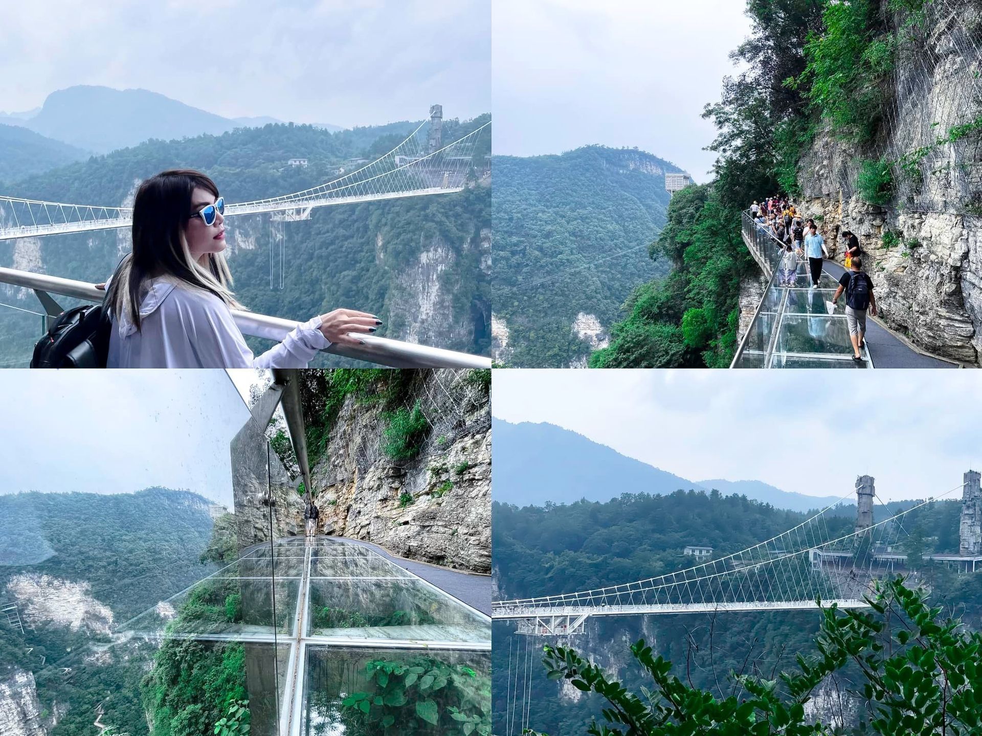 A woman is standing on a glass bridge over a canyon.