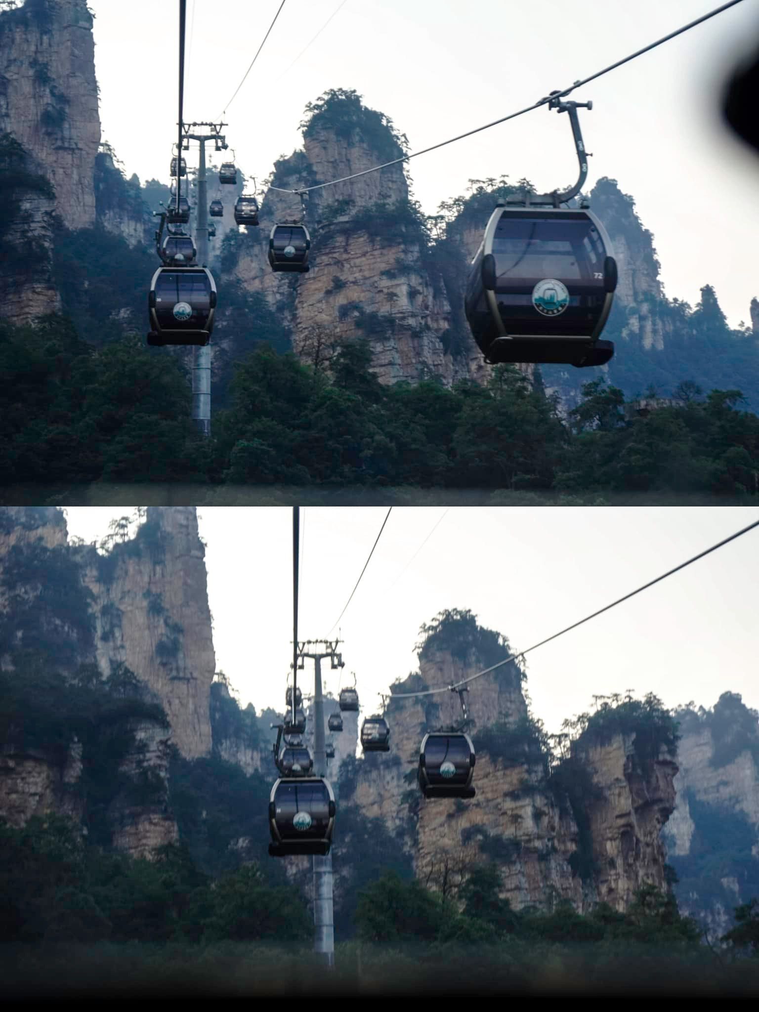 Two pictures of a cable car going up a mountain