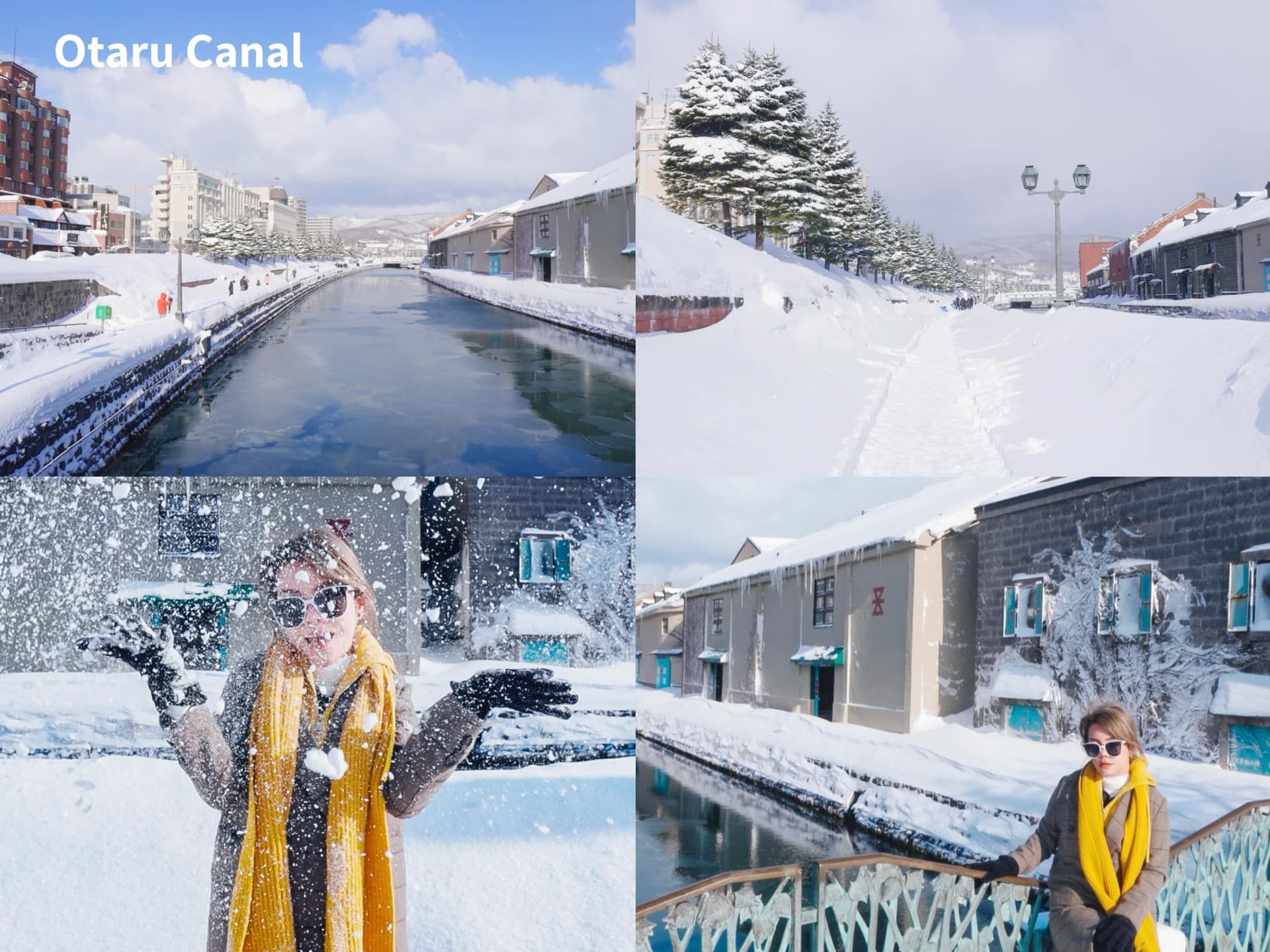 A collage of four pictures of a woman in the snow.