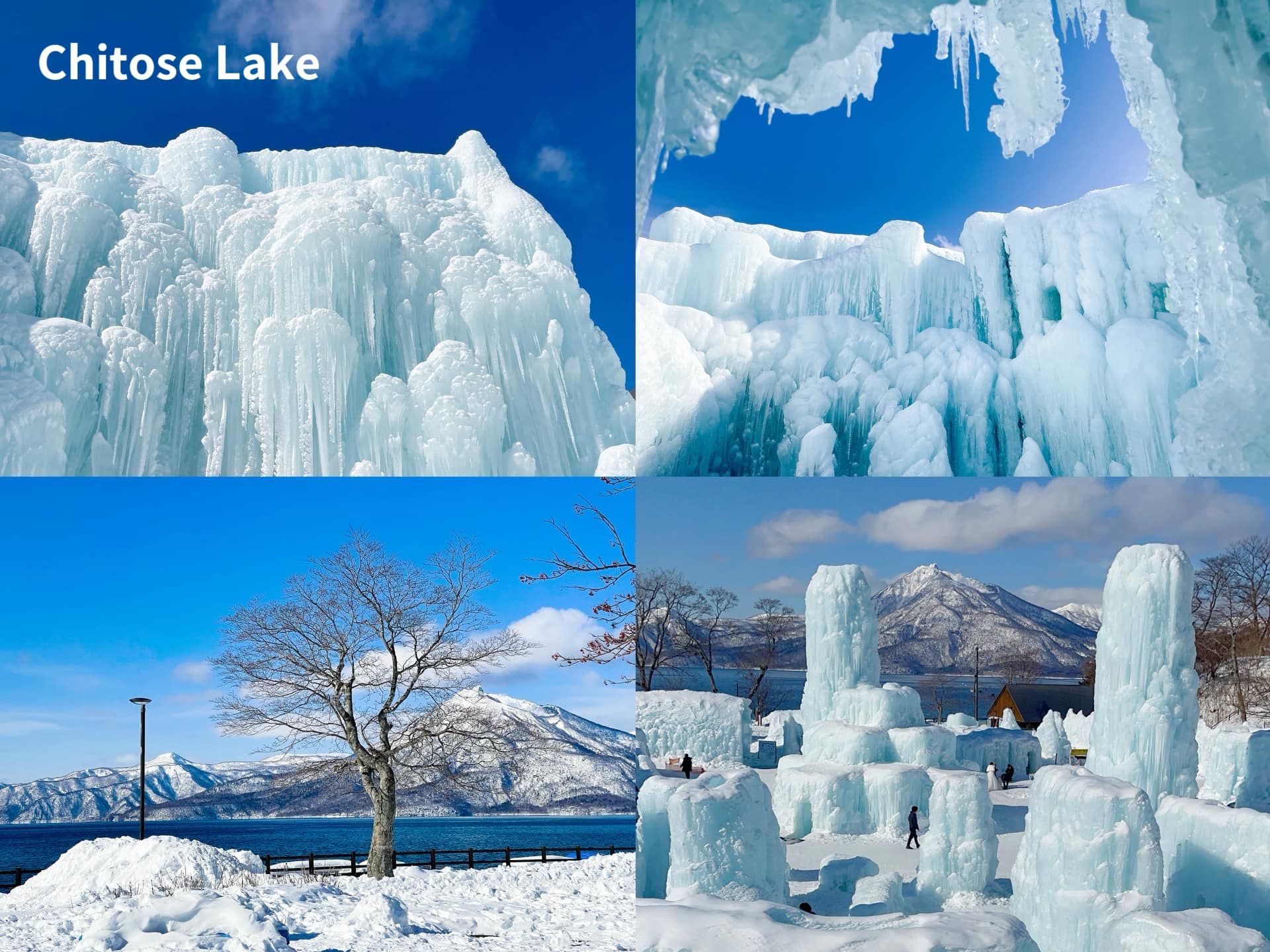 A collage of four pictures of chitose lake