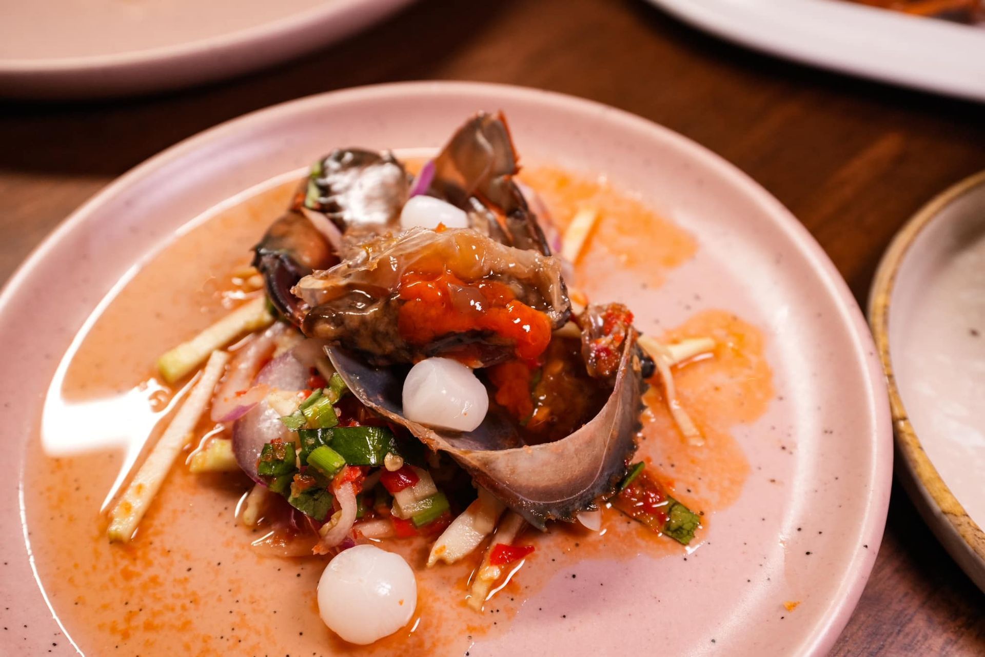 A close up of a plate of food on a table.