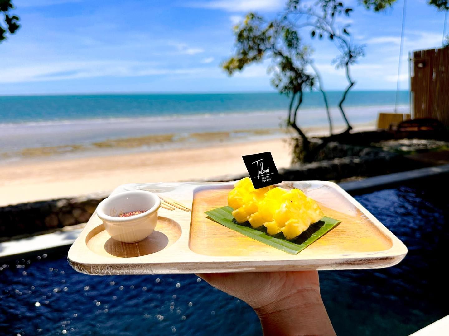 A person is holding a tray of food in front of a swimming pool.